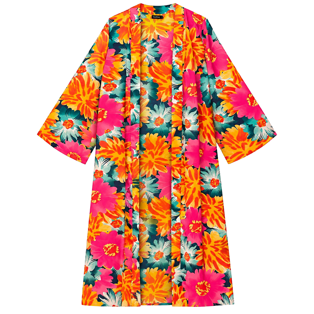 Boohoo Floral Woven Midi Kimono Size US 14 Orange Pink Multi 1