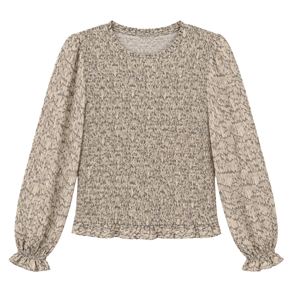 Bohme Smocked Blouse Size L Grey Beige Long Sleeve Snakeskin Print Top 1
