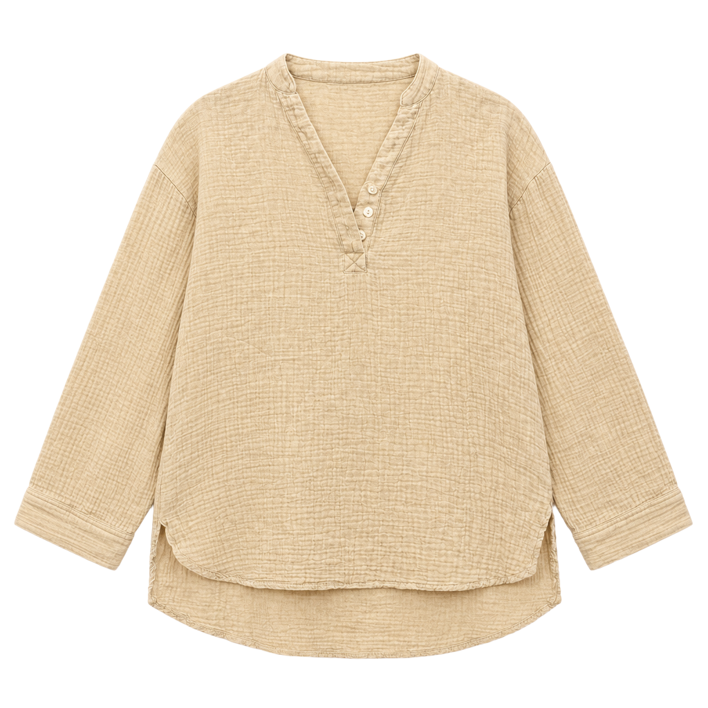 Unbranded Double Gauze Long Sleeve V-Neck Tunic Shirt Size S Yellow 1