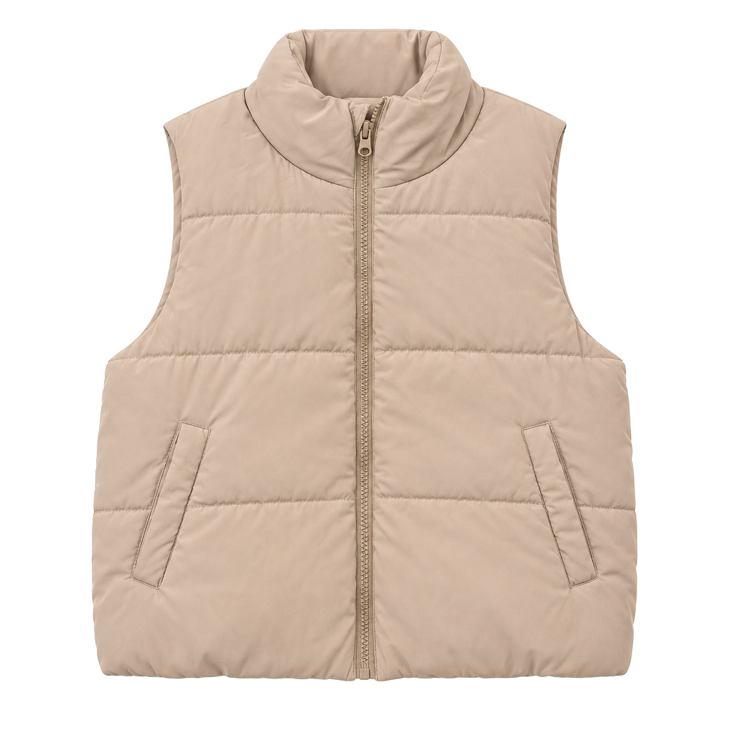 Puffer Vest Size M Beige Full Zip Mock Neck 1