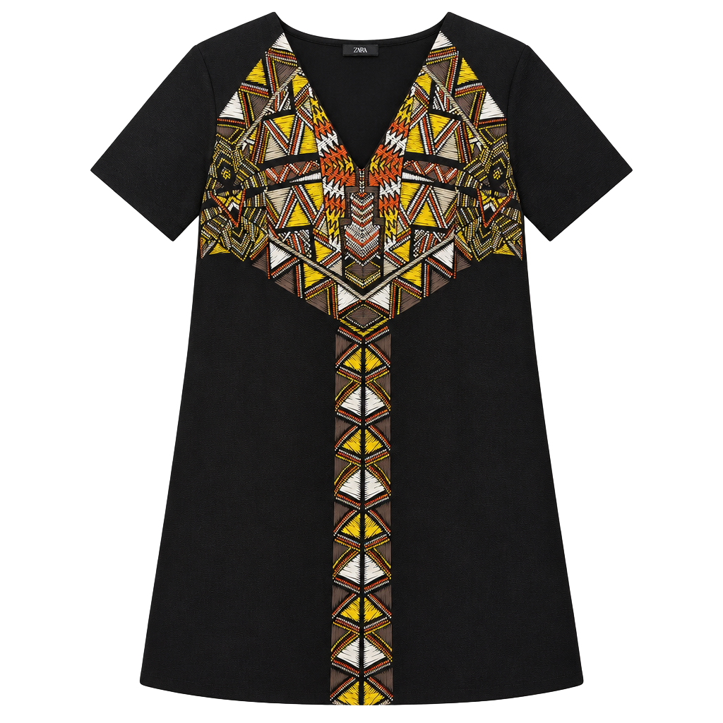 Zara Dress Size M Black Tribal Embroidered Shift Short Sleeve 1