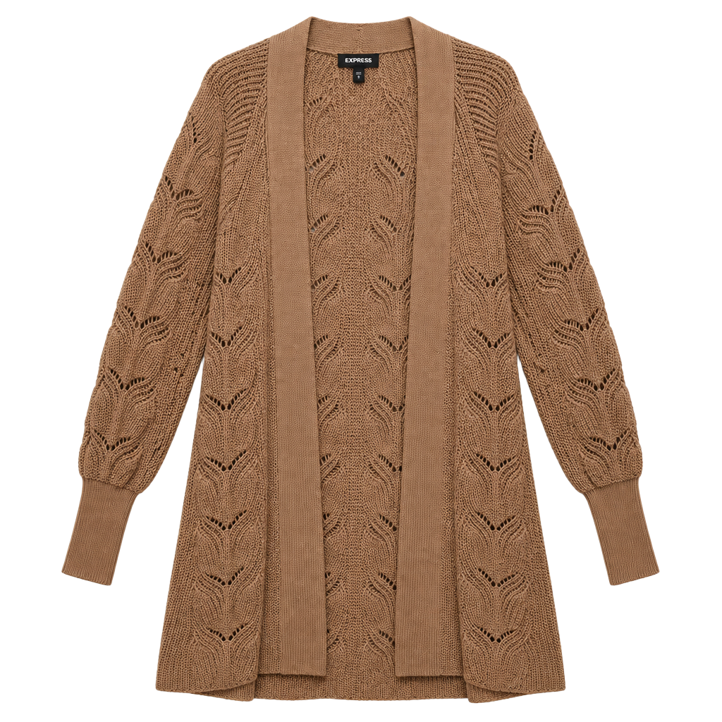 Express Cardigan Sweater Size M Tan Open Front Hollow Out Knit 1