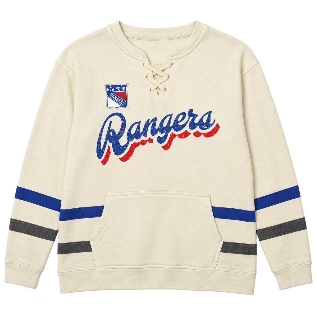 NHL New York Rangers Lace-Up Hoodie Size L Cream Hockey Sweatshirt 1