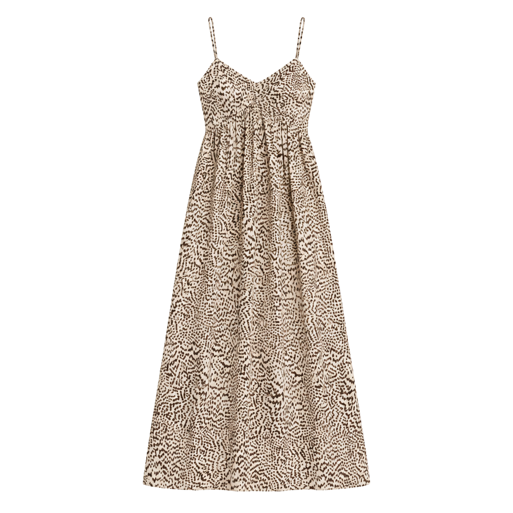 Leopard Print Midi Dress with Gathered Bodice and Thin Straps 1