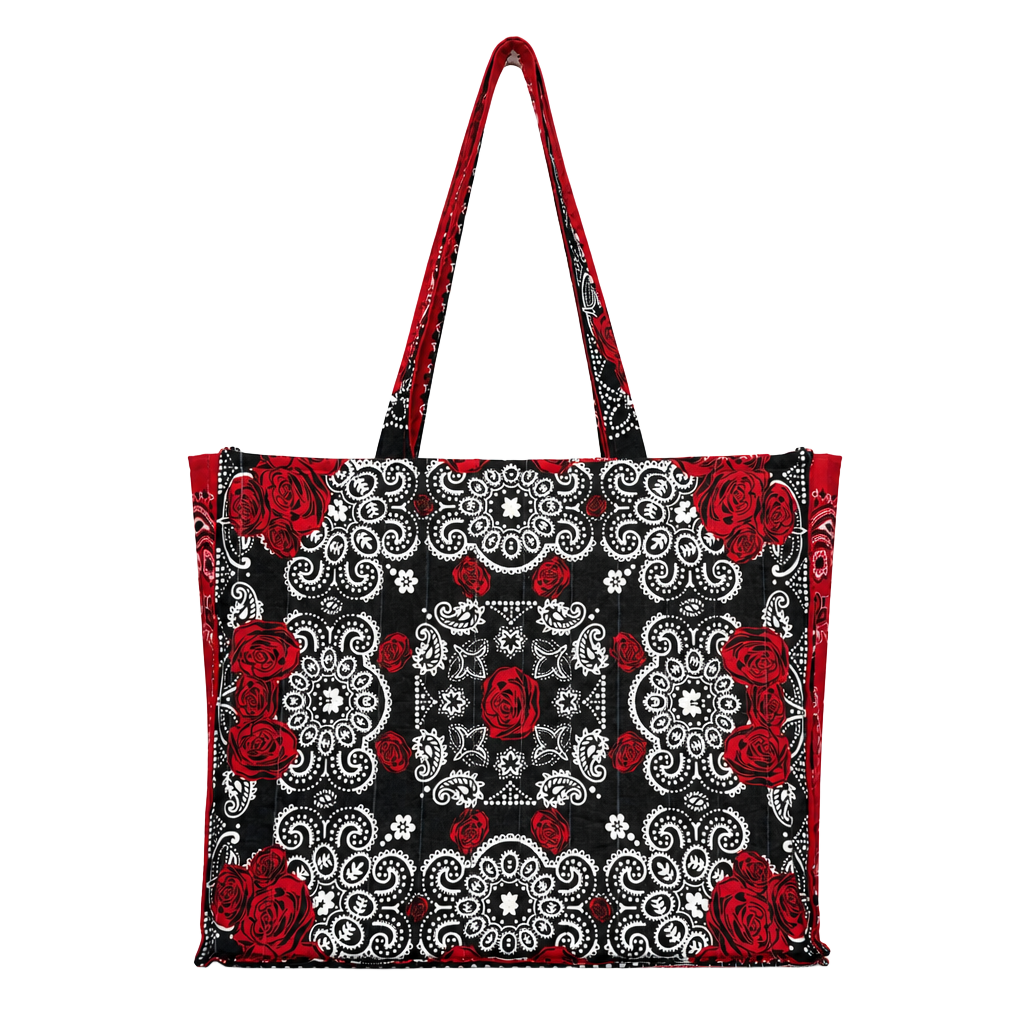 Handmade custom Quilted Tote Bag Red Black White Rose Bandana Print 18x14 1/2 1