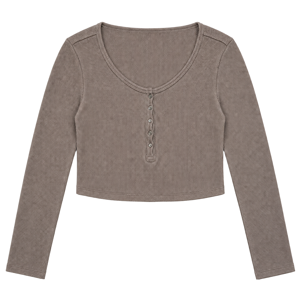 Garage Long Sleeve Thermal Crop Top Size L Taupe Button Up 1