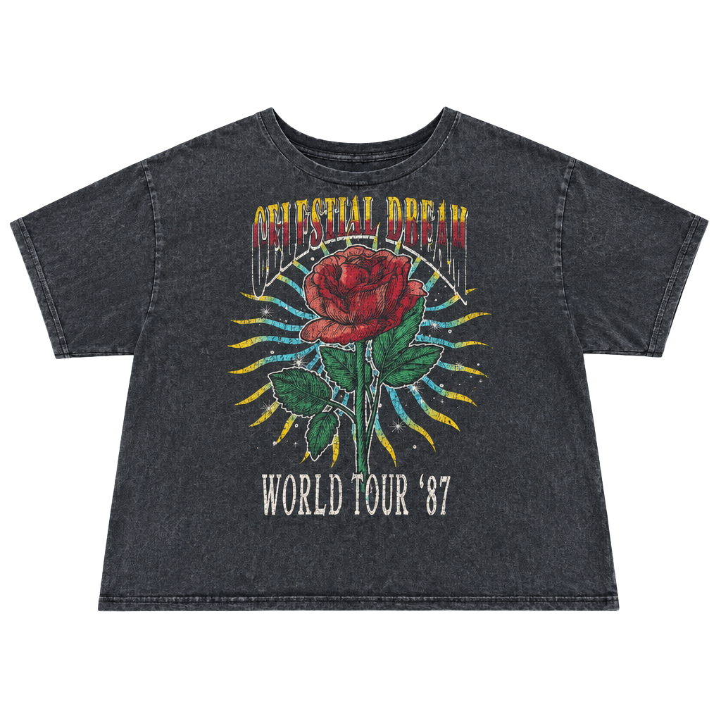 Celestial Dream World Tour 87 Rose Graphic Crop Top Acid Wash Rock Tee 1