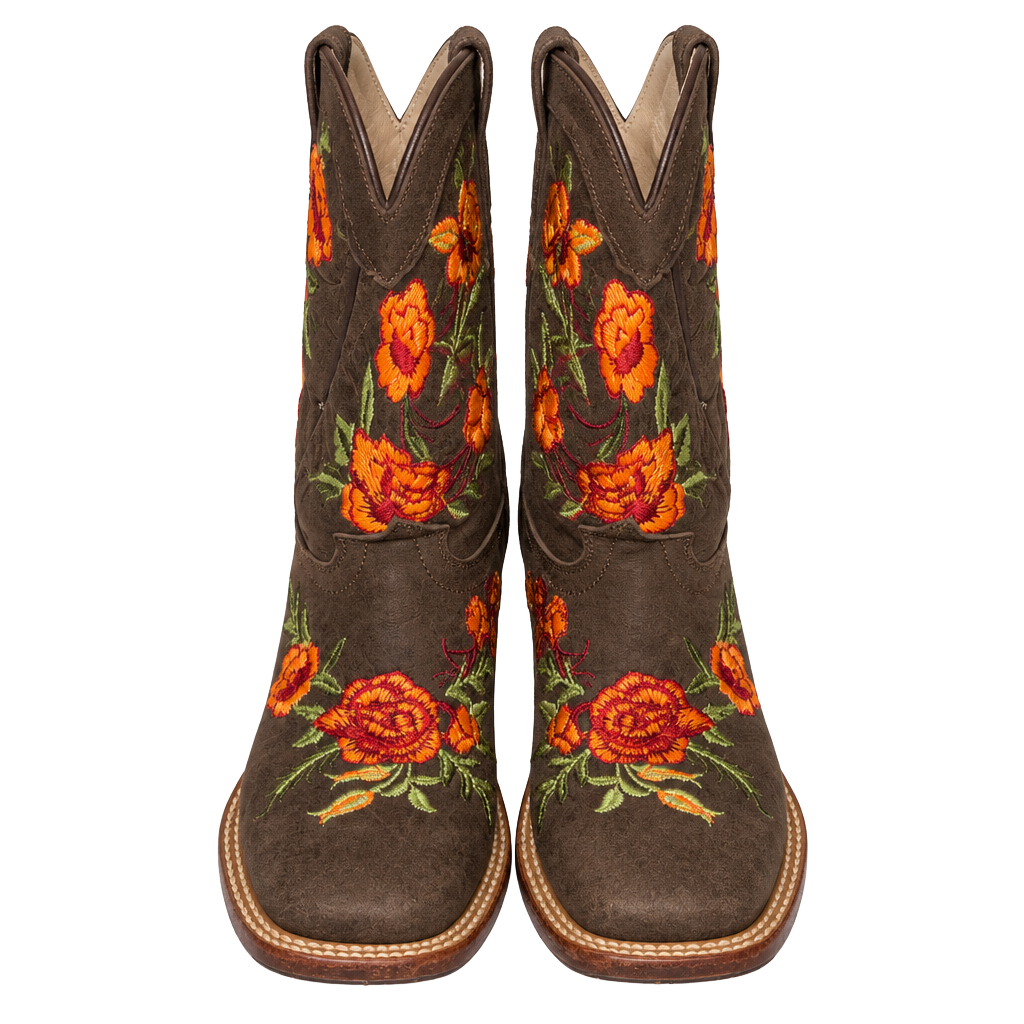 McAllen Western Boots KIDS Brown Orange/Red Floral Embroidered Cowgirl 1