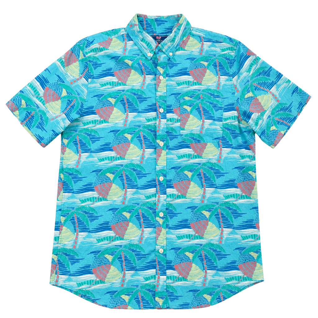 Vineyard Vines Slim Fit Murray Shirt Linear Umbrella Palm Print Short Sleeve Men's Size M 1