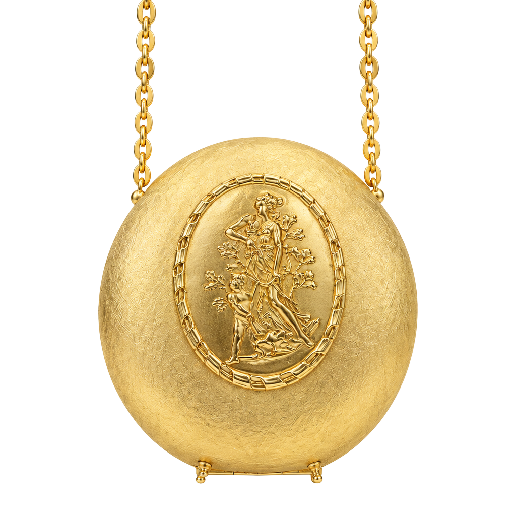 Vintage Hard Case Purse , Formal, Gold , Metal , Footed ,textured,raised Center Depiction of Art 1