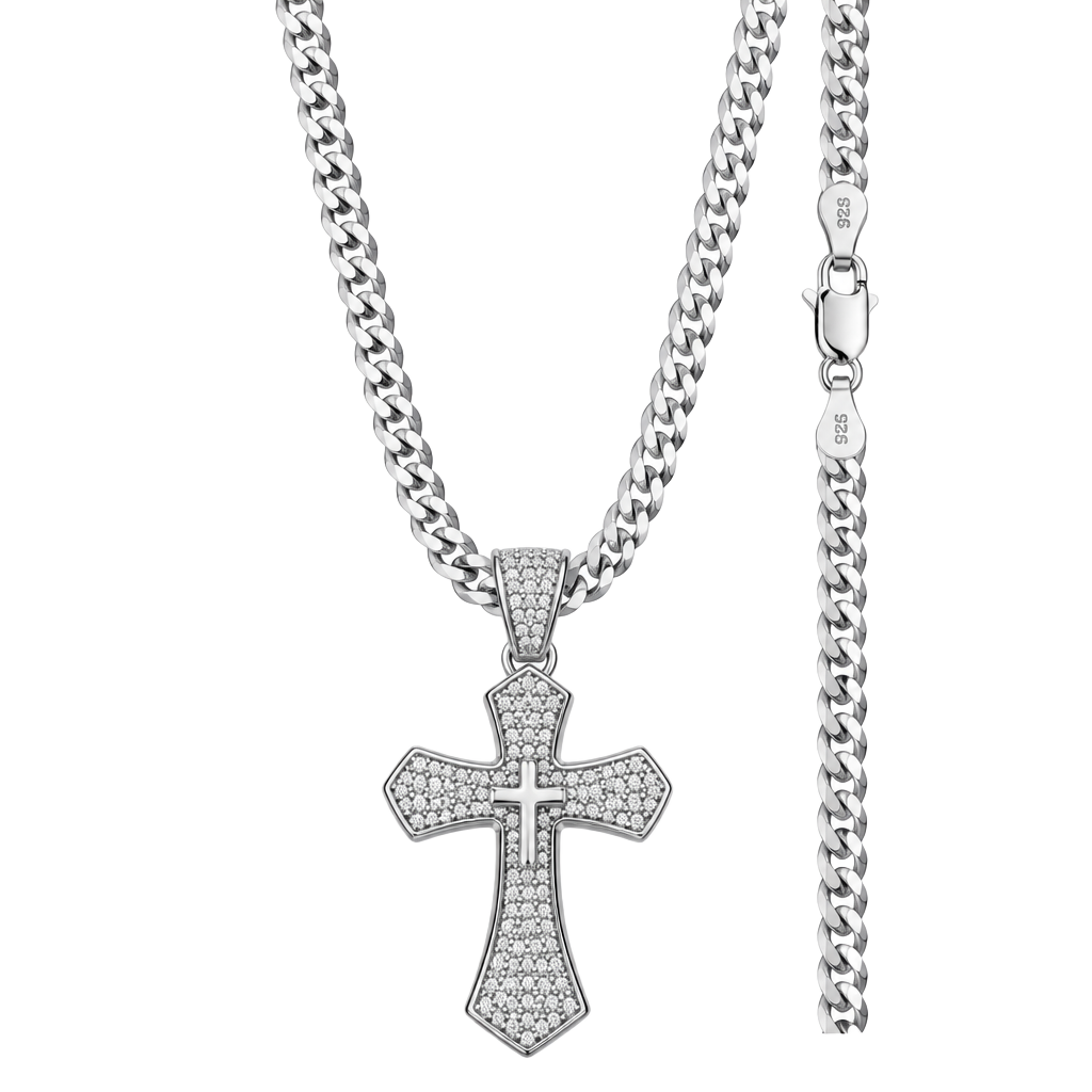 New Sterling Silver Moissanite Cross Pendant with 20in Cuban chain 1