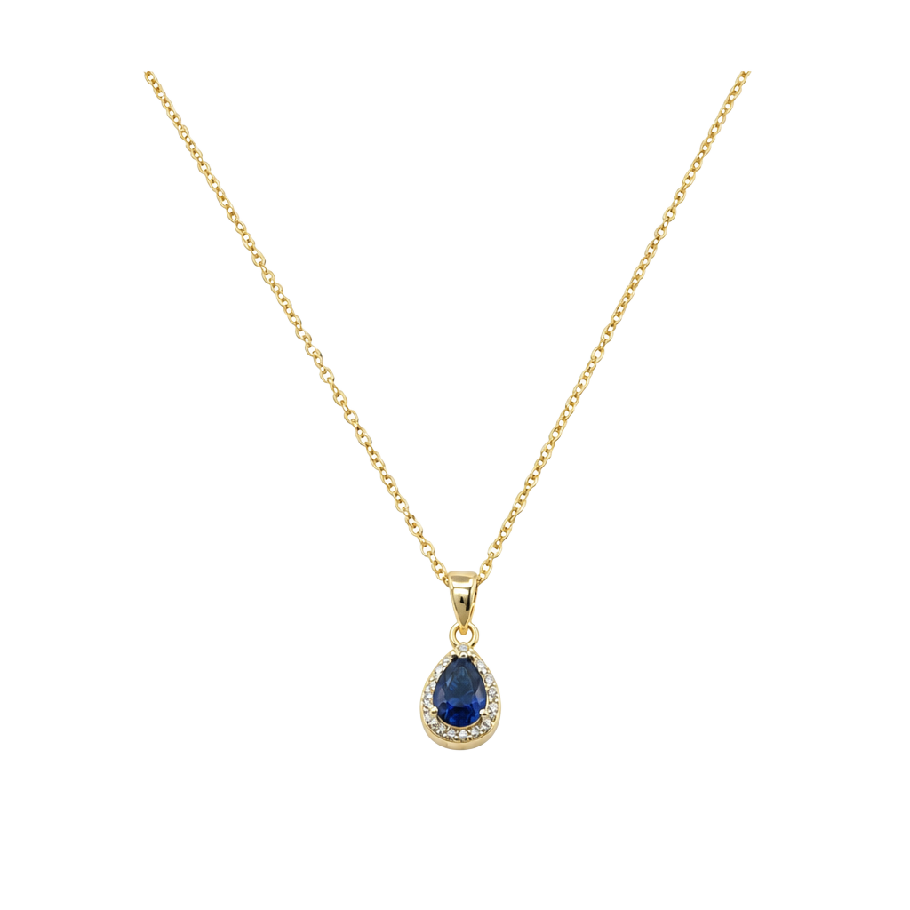 New 925 Silver Blue Sapphire Pear Shaped Halo Pendant Necklace with Gold Tone 1