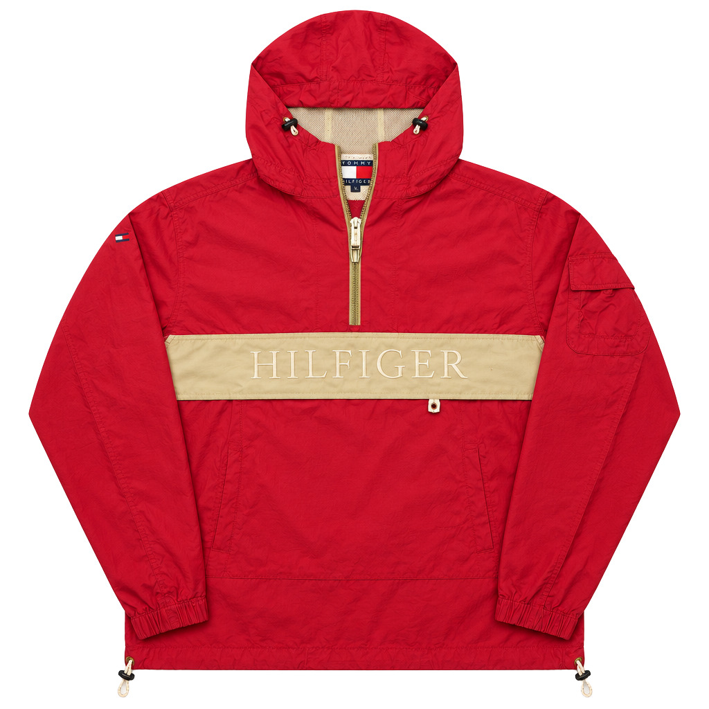 Tommy Hilfiger Red Half-Zip Hooded Windbreaker Jacket Size L 1