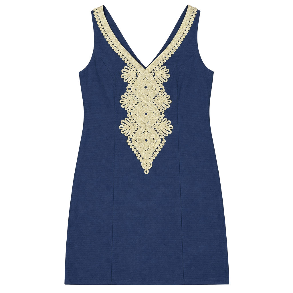 Lilly Pulitzer Dress Size 0 Navy Blue Gold Embroidered Sleeveless 1
