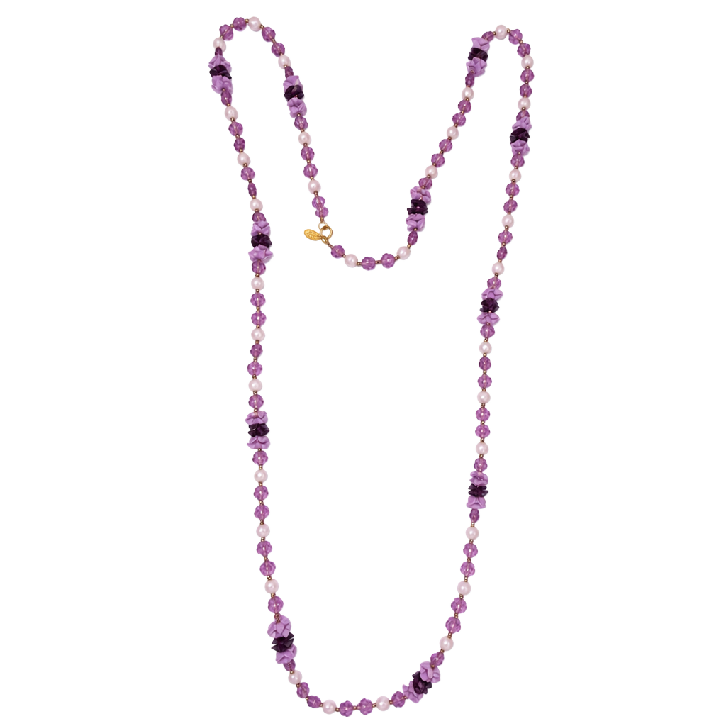 Vintage Miriam Haskell Purple Floral Glass and Lucite Bead Long Necklace 1