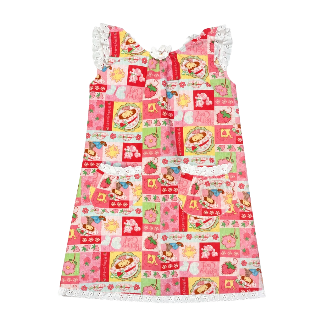 Vintage Handmade Strawberry Shortcake Girls Dress with Eyelet Lace and Pockets 1