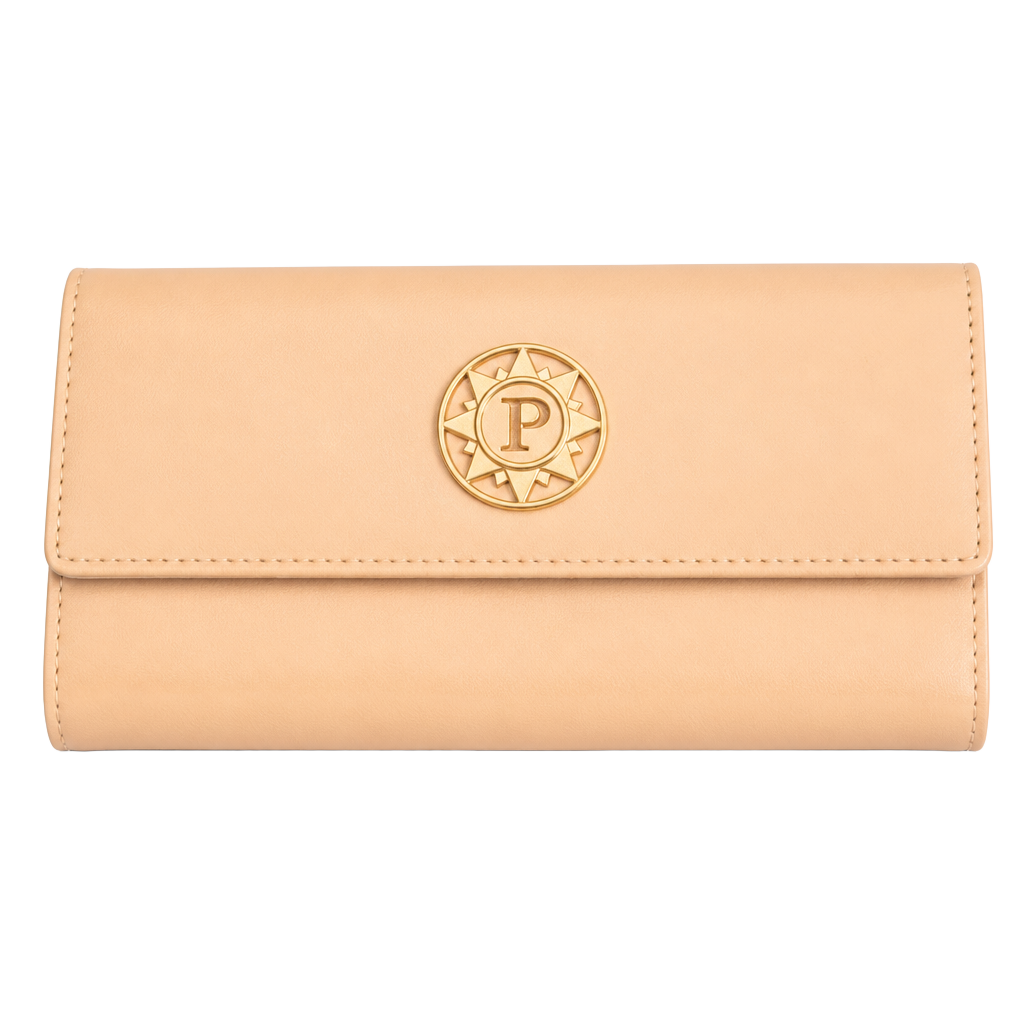 Parazul Women's Beige Leather Long Wallet with Gold Logo Emblem 1