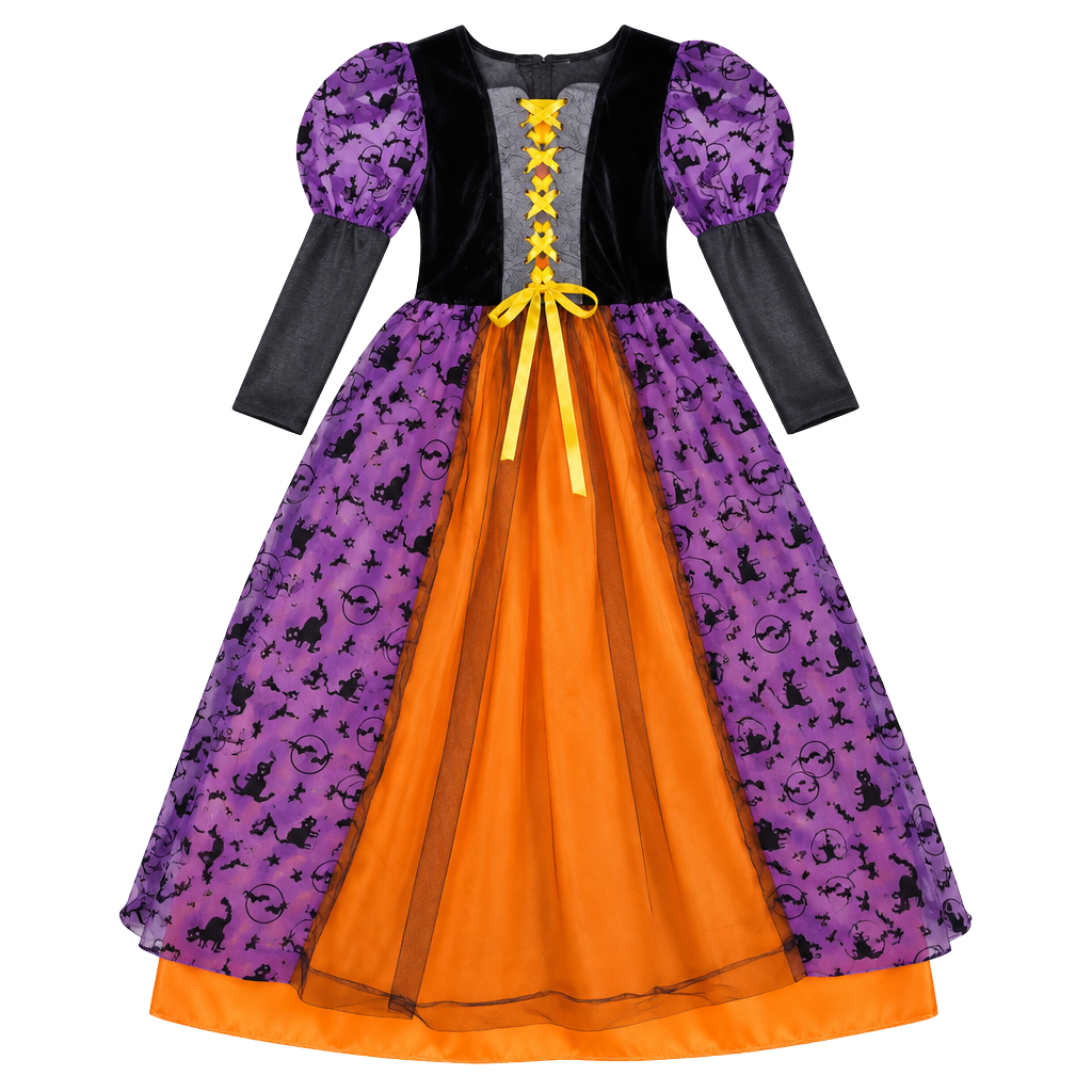 Poshetion Light Up Witch Costume Dress Girls Size 4-6 Halloween Orange Black 1