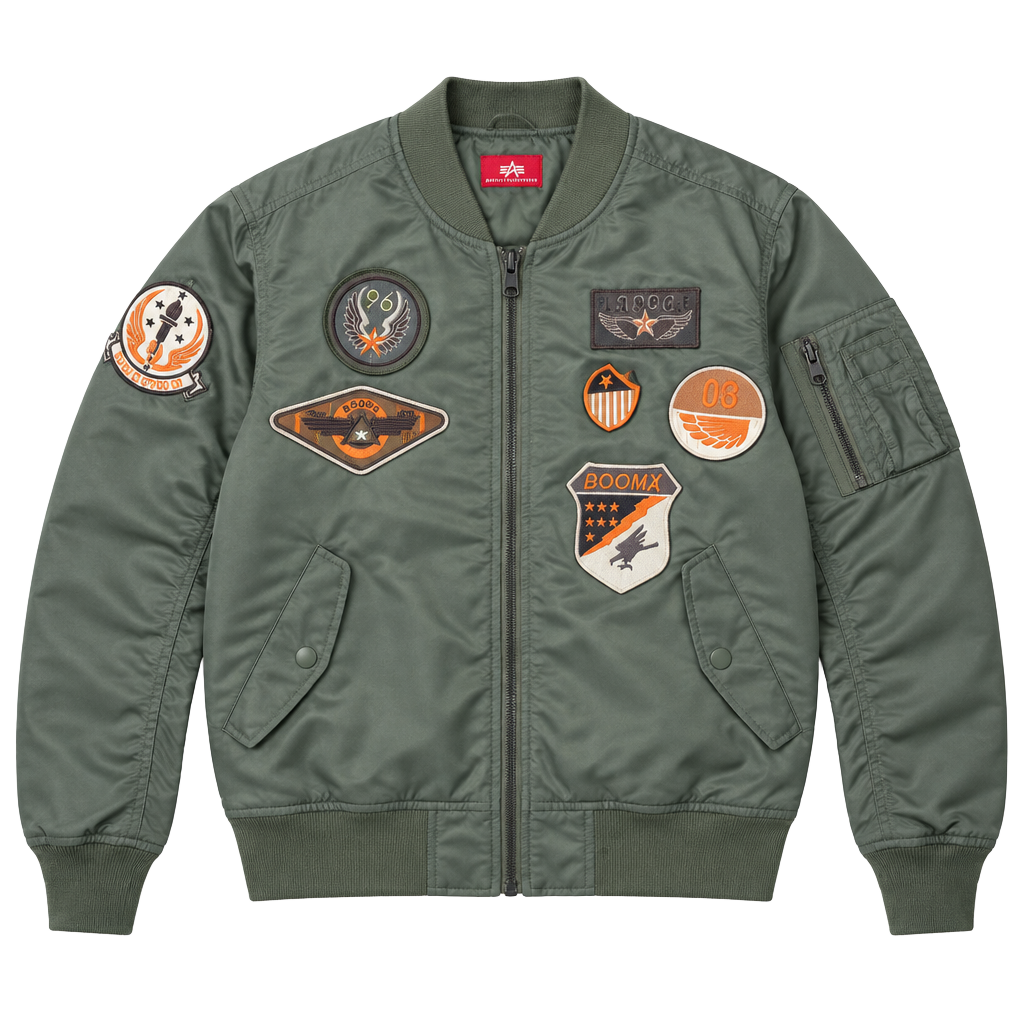 BoomX Bomber Jacket Green Quilted Orange Lining Patches XXL 3XL 1