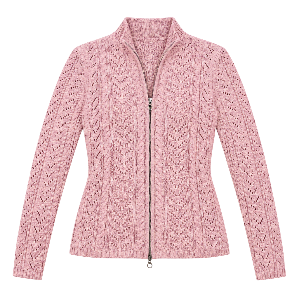 Rubbish Full Zip Cardigan Size XS Pink Cable Knit Mock Neck Sweater 1