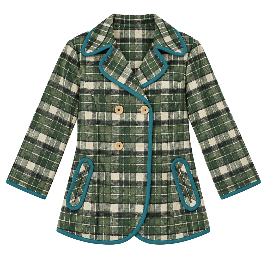 Tabitha Piper Plaid Jacket Size M Green Teal Trim Double Breasted 1