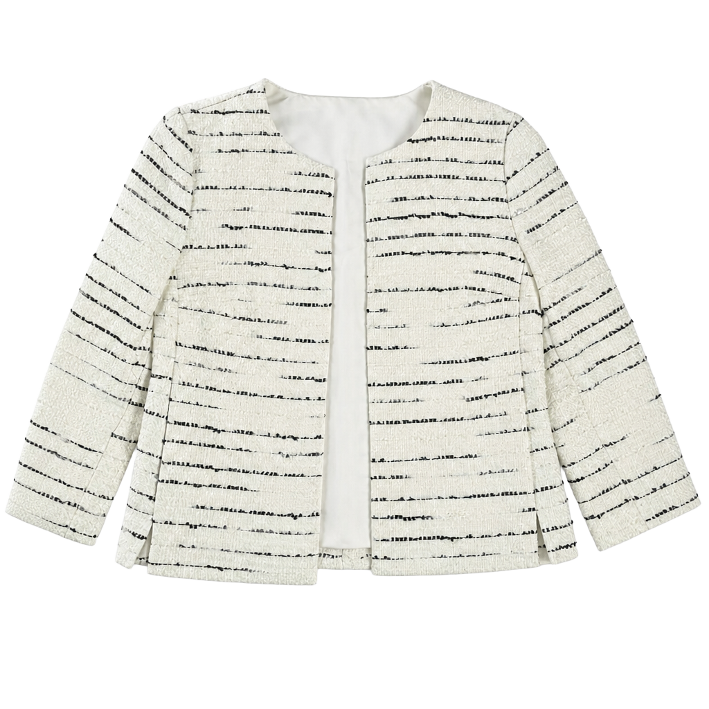 Ann Taylor Jacket Size 2 Ivory Black Tweed Stripe Open Front Classic Work 1