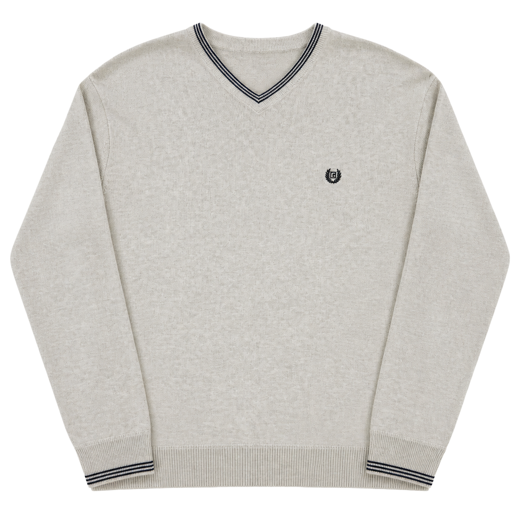 Chaps Cotton V Neck Sweater Beige Navy Trim Crest Logo Preppy Classic XL 1