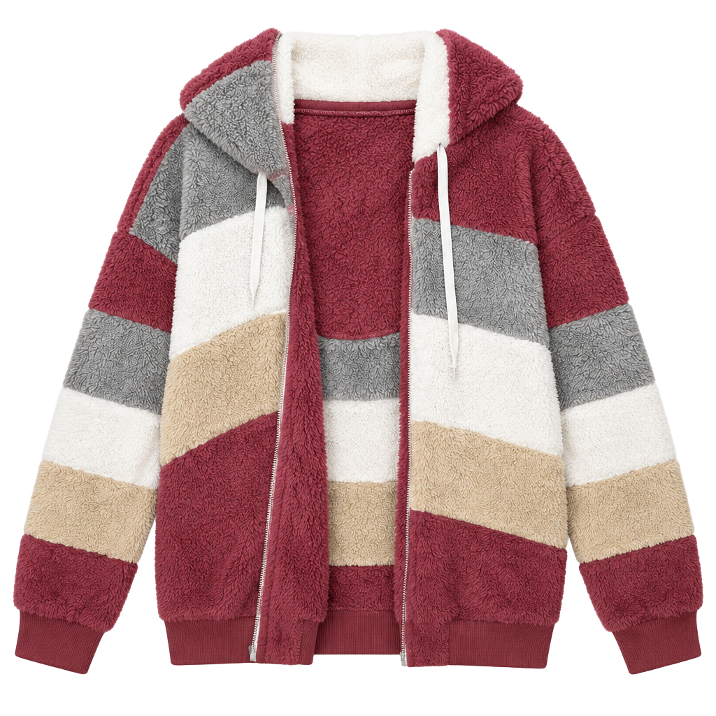 Wernzatt Color Block Fuzzy Fleece Hooded Jacket Coat 1