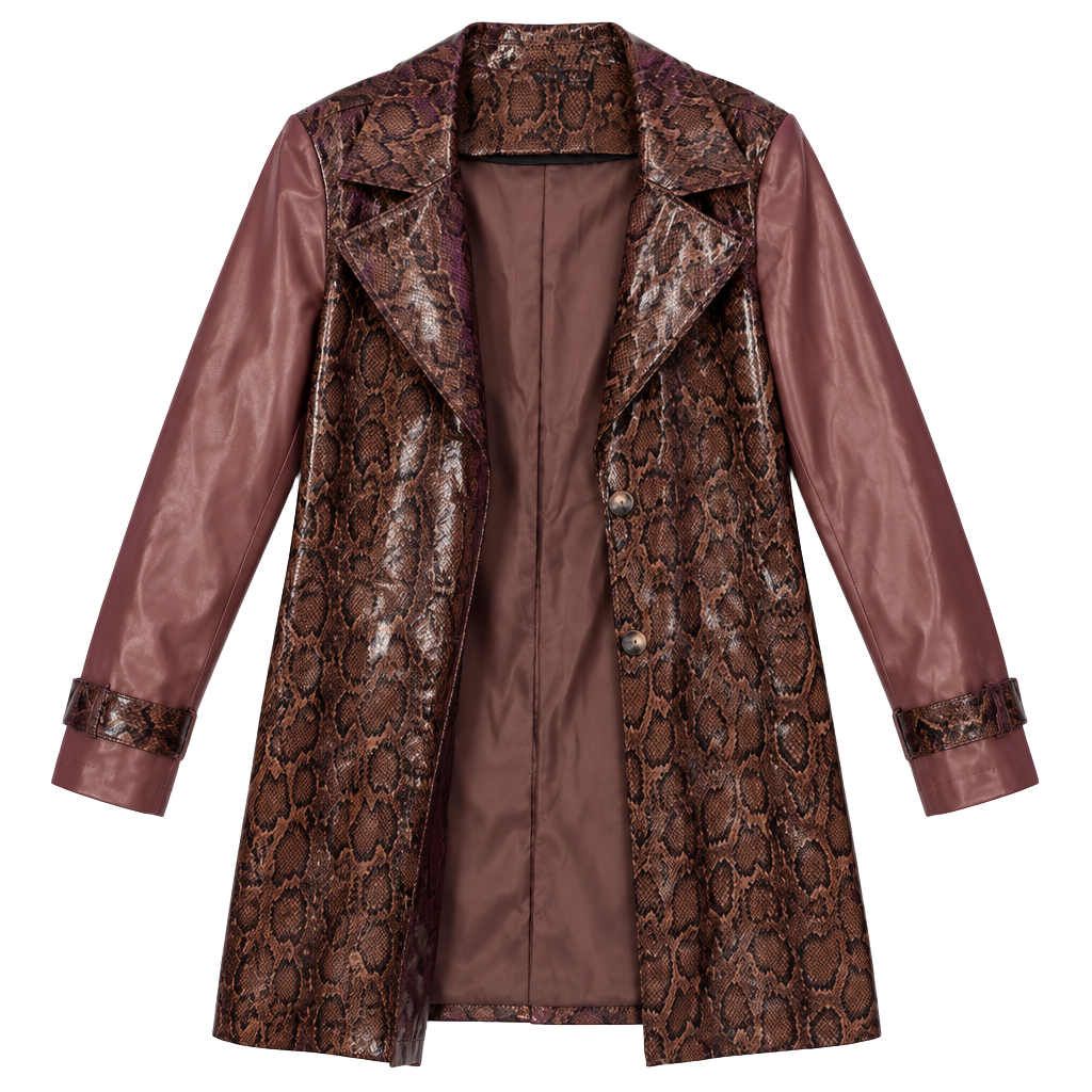Faux Leather Trench Coat Size M Brown Snake Print 1