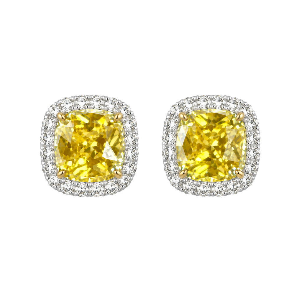 Unbranded Yellow Cushion Cut Halo Stud Earrings 1