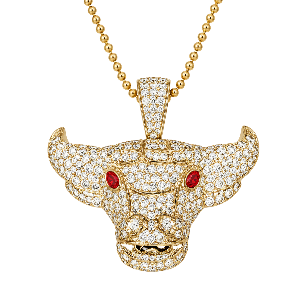 Unbranded Iced Out Bull Head Pendant Necklace with Red Stone Eyes 1