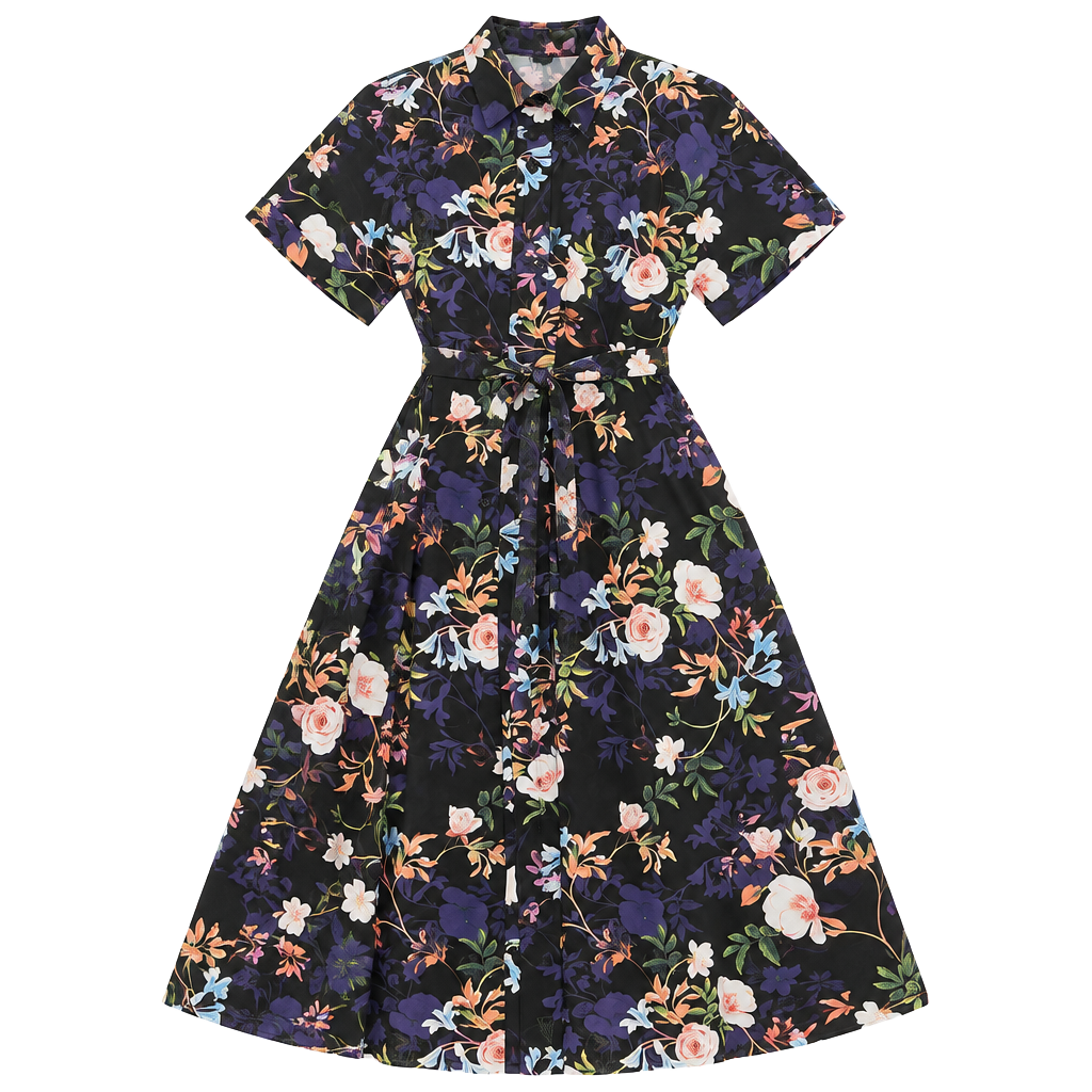 Nicole Miller Midi Shirtdress Size 12 Black Floral Print Pintuck Waist 1