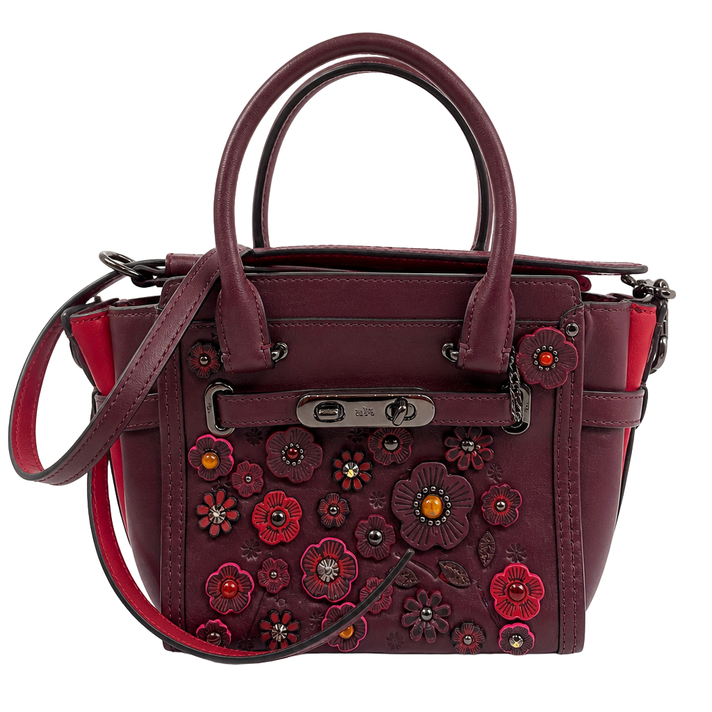 Vintage Coach swagger 17 Tea Rose Raised Floral Applique Satchel in Oxblood 1