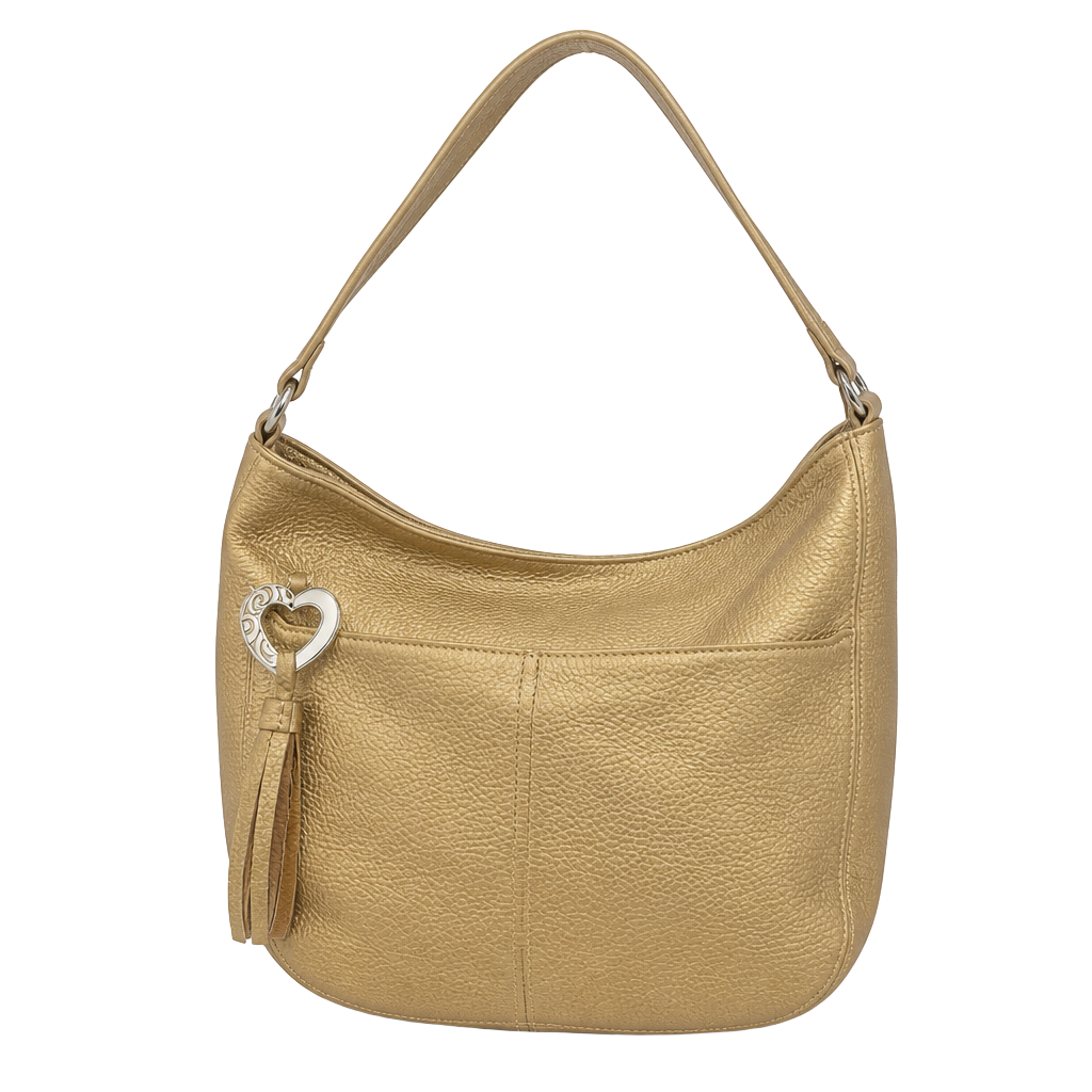 Brighton Barbados Gold Pebbled Leather Hobo Shoulder Bag with Heart Charm and Braided Strap 1