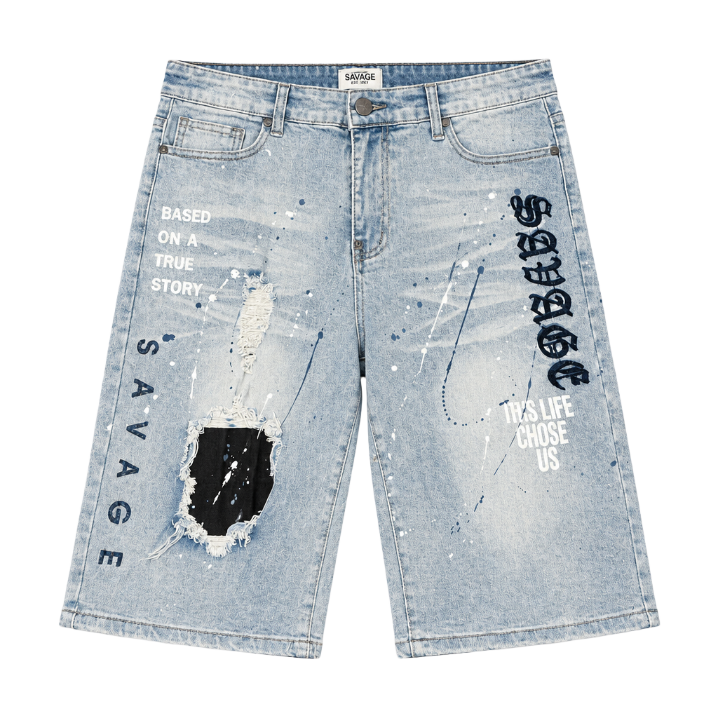 Rock Salt Savage Distressed Paint Splatter Denim Shorts Mens Size 36 Light Blue 1