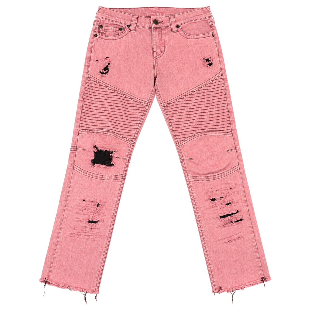 True Religion Geno Relaxed Slim Moto Jeans Womens Size 30 Pink Distressed 1