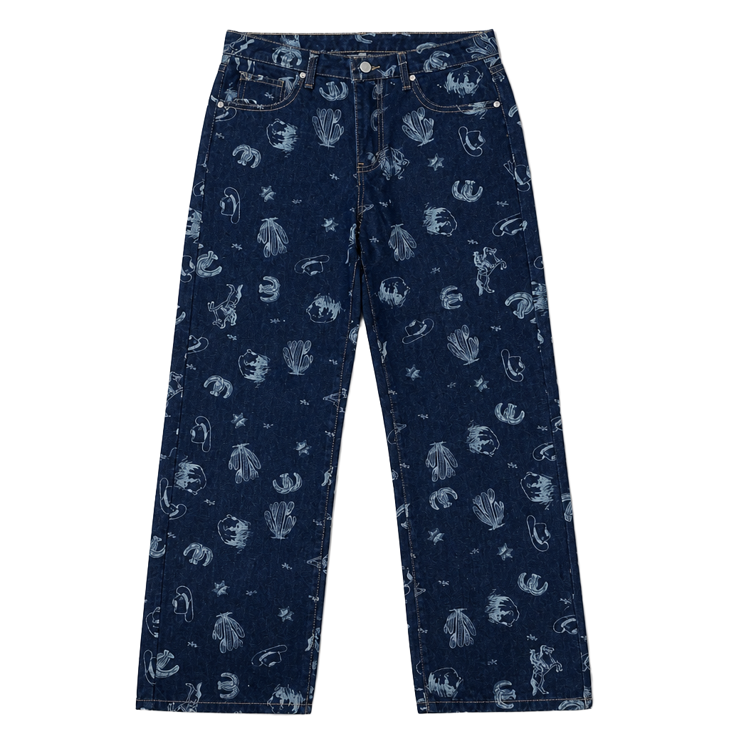 NWT Cali1850 Dark Wash Western All-Over Print Wide Leg Denim Jeans 1