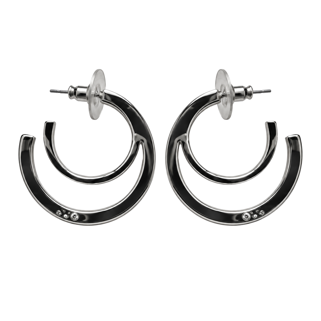 NINE WEST Double Hoop Earrings Silver Tone Crystal Accent 1