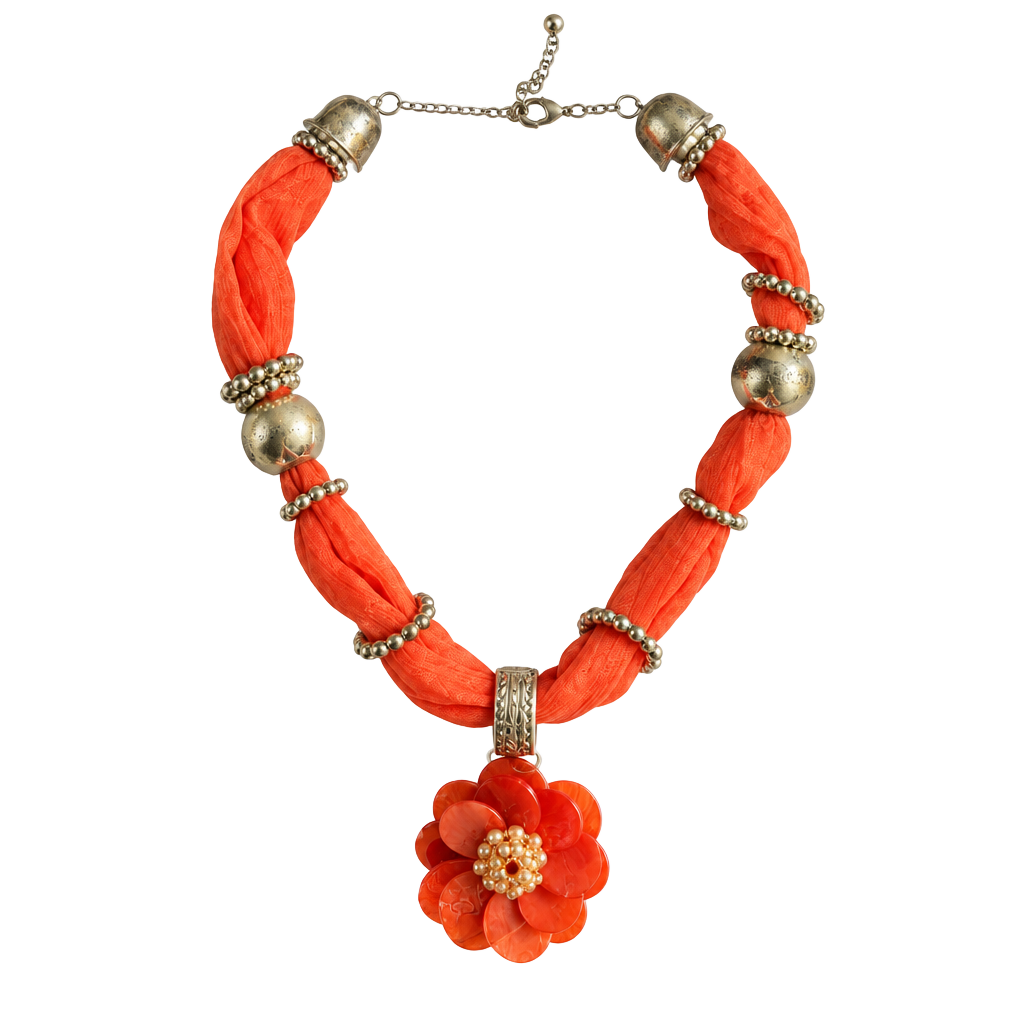 Orange Fabric And Silver Bead Flower Pendant Necklace 1