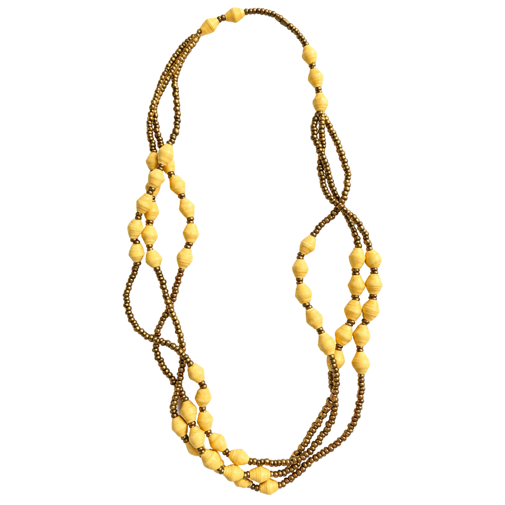 Artisan Yellow Paper Bead And Bronze Seed Bead Necklace 1