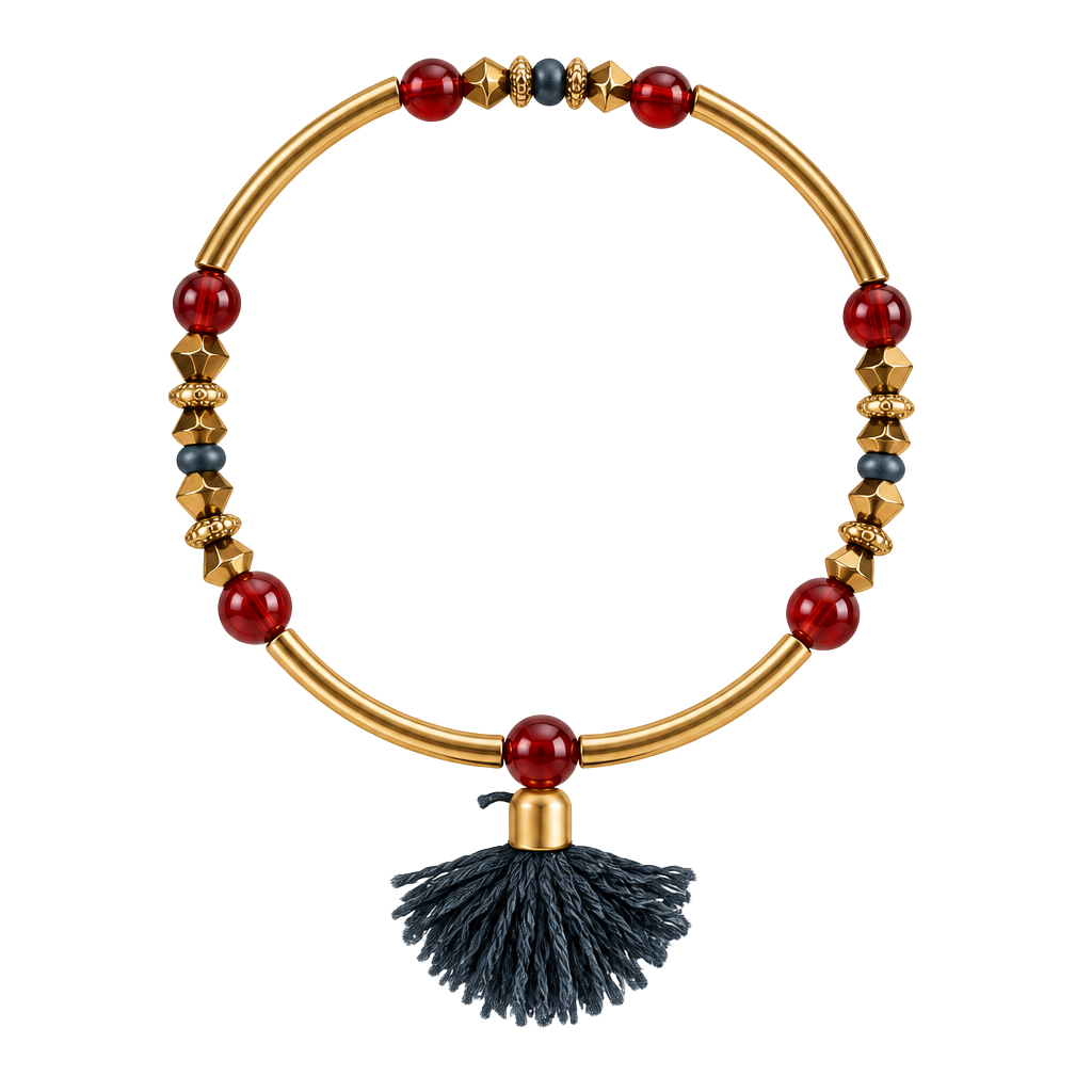 Gold-Tone Beaded Bangle Bracelet With Blue Tassel 1