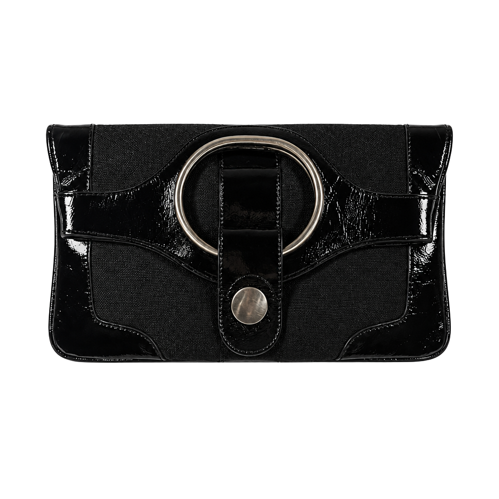 Hobo International Black Patent Leather and Fabric Foldover Clutch 1