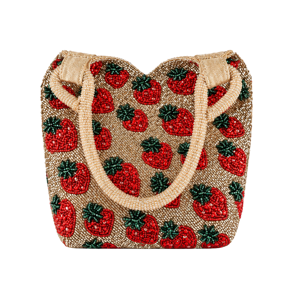 Beaded Strawberry Handbag Gold Glass Beads Strawberry Pattern 1