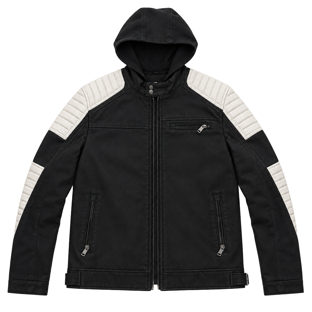 Guess Faux Leather Hooded Jacket Size M Black White Quilted Biker 1