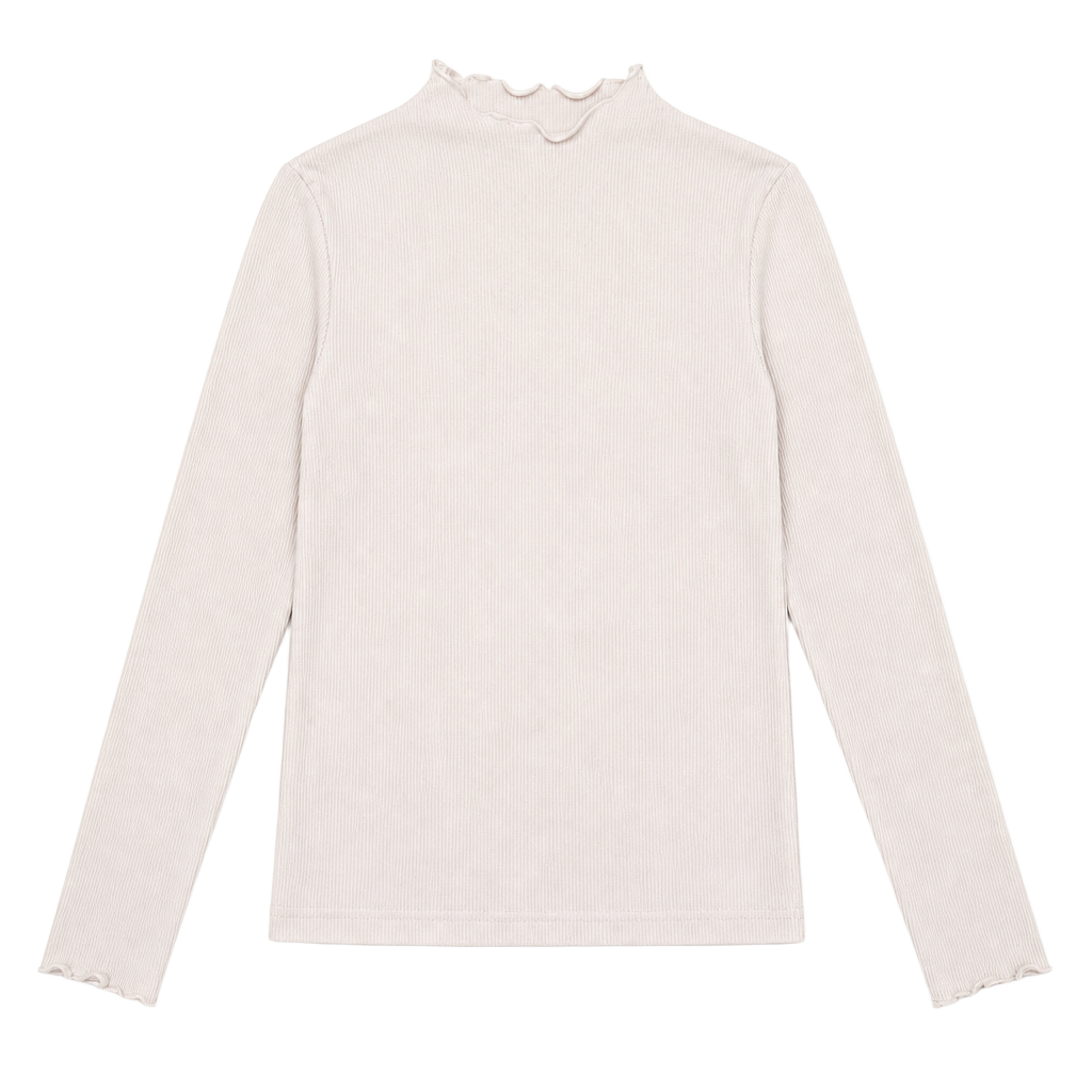 Stradivarius White Ribbed Long Sleeve Mock Neck Top with Lettuce Edge 1