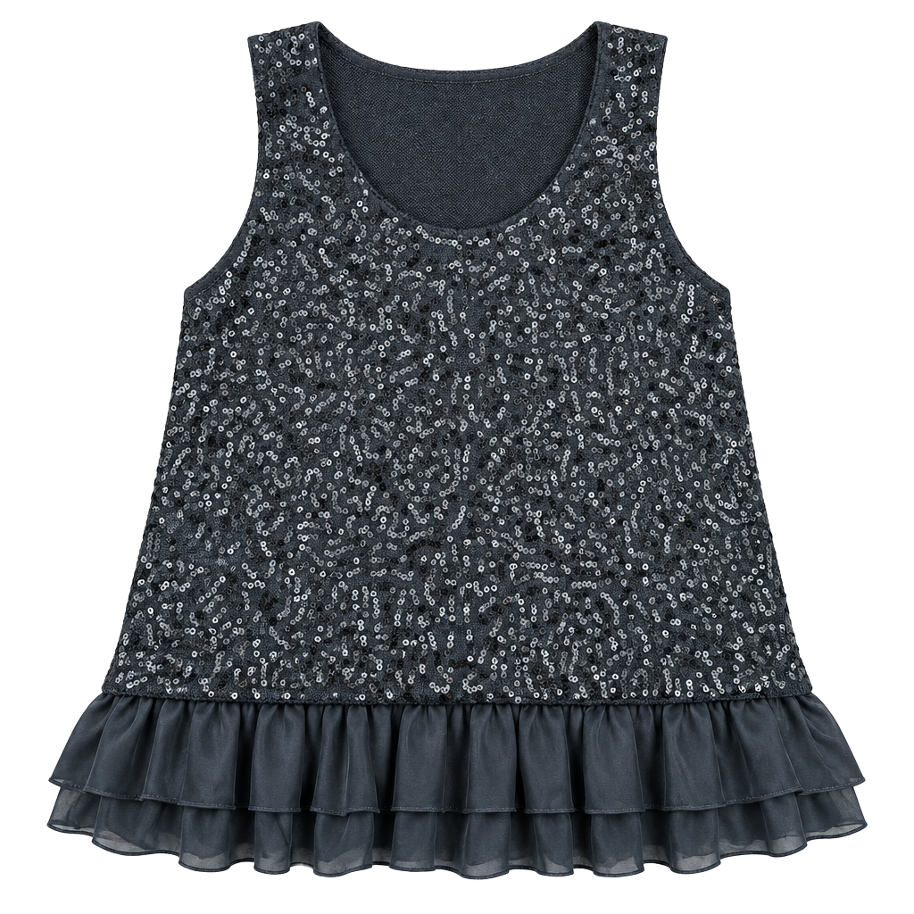 Secrets Of Mine Sequin Tank Top Size M Black Ruffle Hem 1
