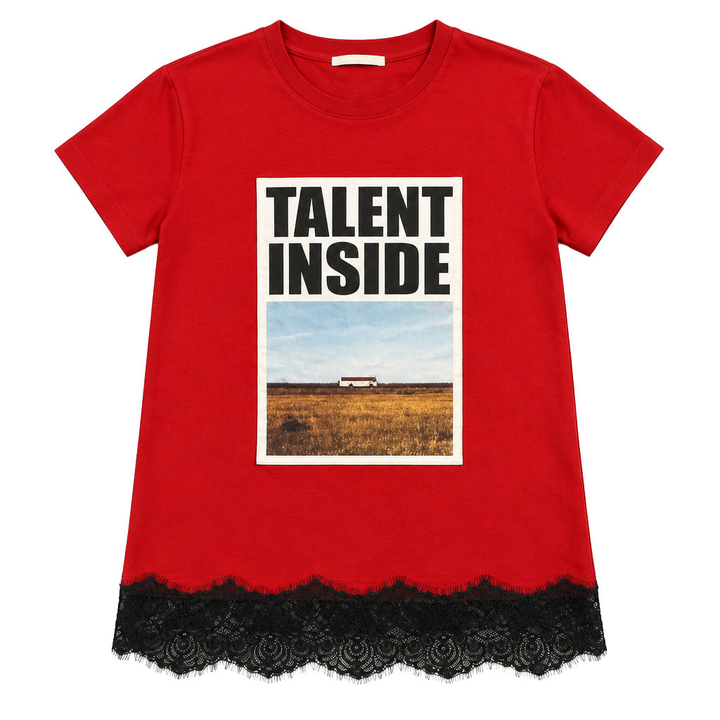 Zara Talent Inside Graphic T-Shirt Red Lace Hem looks like medium 1