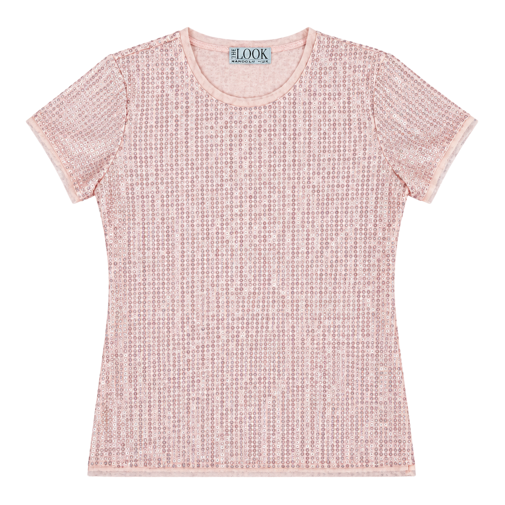 The Look Randolph Duke Sequin Top Size M Pink Mesh Short Sleeve Shirt 1