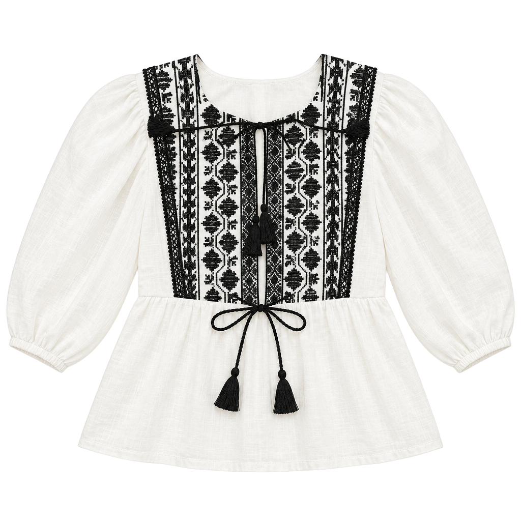 Zara Embroidered Boho Blouse Size M White Black Tassel 1