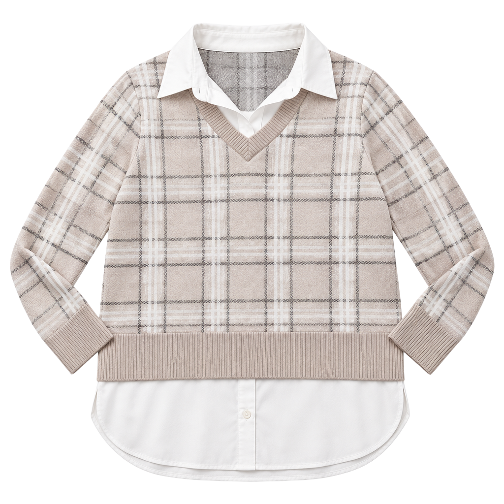 Adrienne Vittadini Layered Plaid Sweater Size M Beige 1